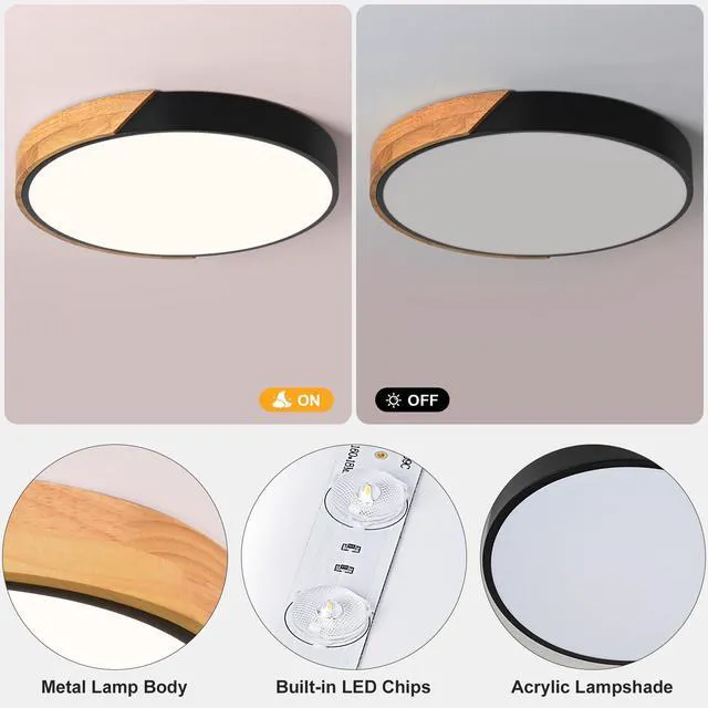 Alt view image 7 of 7 - Modern LED Ceiling Light, Minimalist Wood Flush Mount Ceiling Light Fixture, 4000K Not Dimmable, Circle Lighting Lamp with Acrylic Lampshade for Bedroom Dining Room Laundry (Black,15.8")