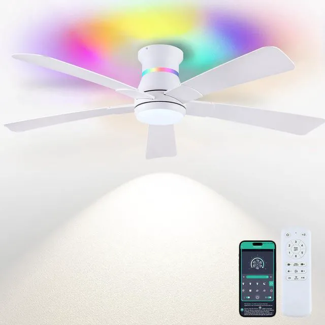 Main image of 52" White Ceiling Fans with RGB Lights - Flush Mount Ceiling Fan Light with LED 3CCT Dimmable, Modern Low Profile Ceiling Fans for Indoor Party,Covered Outdoor