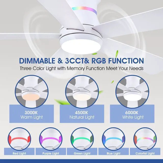 Alt view image 2 of 7 - 52" White Ceiling Fans with RGB Lights - Flush Mount Ceiling Fan Light with LED 3CCT Dimmable, Modern Low Profile Ceiling Fans for Indoor Party,Covered Outdoor