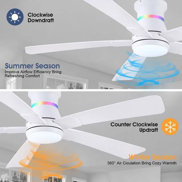 Alt view image 3 of 7 - 52" White Ceiling Fans with RGB Lights - Flush Mount Ceiling Fan Light with LED 3CCT Dimmable, Modern Low Profile Ceiling Fans for Indoor Party,Covered Outdoor