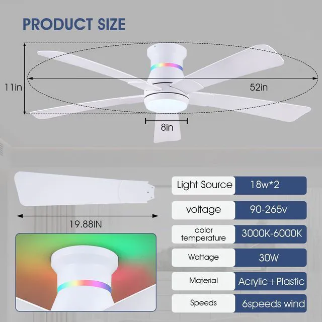 Alt view image 4 of 7 - 52" White Ceiling Fans with RGB Lights - Flush Mount Ceiling Fan Light with LED 3CCT Dimmable, Modern Low Profile Ceiling Fans for Indoor Party,Covered Outdoor