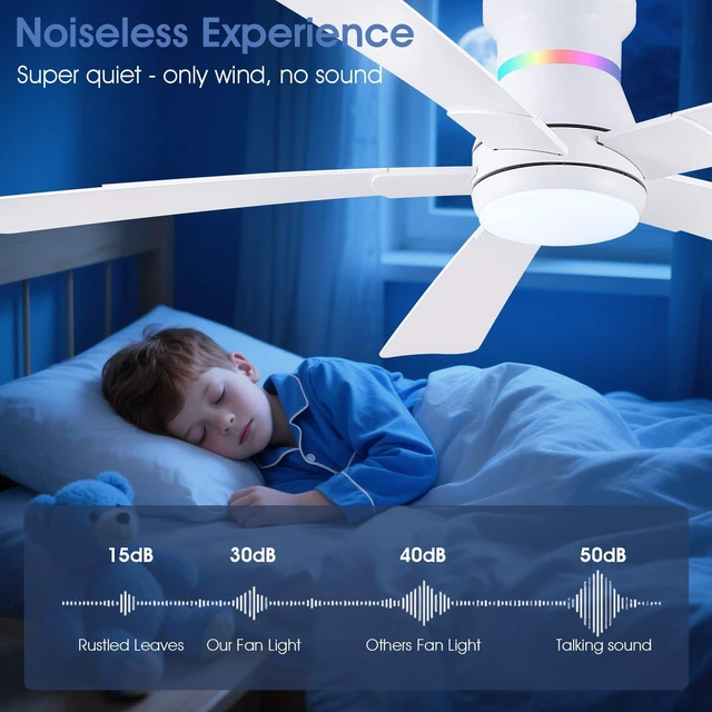 Alt view image 5 of 7 - 52" White Ceiling Fans with RGB Lights - Flush Mount Ceiling Fan Light with LED 3CCT Dimmable, Modern Low Profile Ceiling Fans for Indoor Party,Covered Outdoor