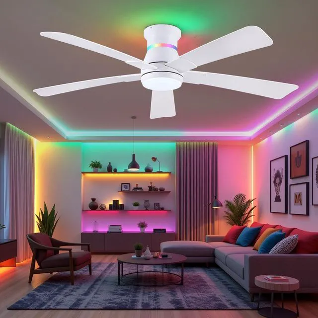Alt view image 7 of 7 - 52" White Ceiling Fans with RGB Lights - Flush Mount Ceiling Fan Light with LED 3CCT Dimmable, Modern Low Profile Ceiling Fans for Indoor Party,Covered Outdoor