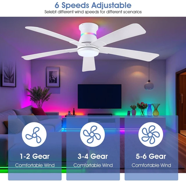 Alt view image 6 of 7 - 52" White Ceiling Fans with RGB Lights - Flush Mount Ceiling Fan Light with LED 3CCT Dimmable, Modern Low Profile Ceiling Fans for Indoor Party,Covered Outdoor