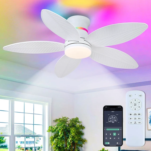 Main image of 46" White Ceiling Fans with RGB Lights - Flush Mount Ceiling Fan Light with LED 3CCT Dimmable, Tropical Palm Leaf Ceiling Fans for Indoor Party,Covered Outdoor
