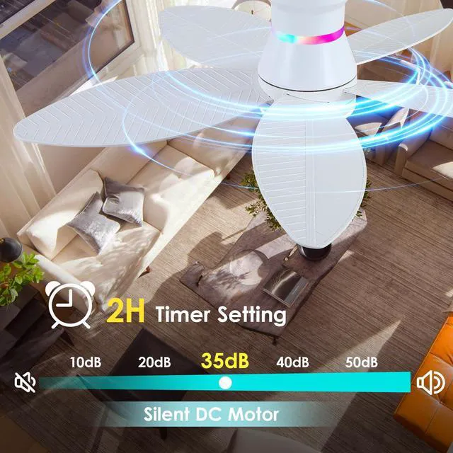 Alt view image 3 of 7 - 46" White Ceiling Fans with RGB Lights - Flush Mount Ceiling Fan Light with LED 3CCT Dimmable, Tropical Palm Leaf Ceiling Fans for Indoor Party,Covered Outdoor