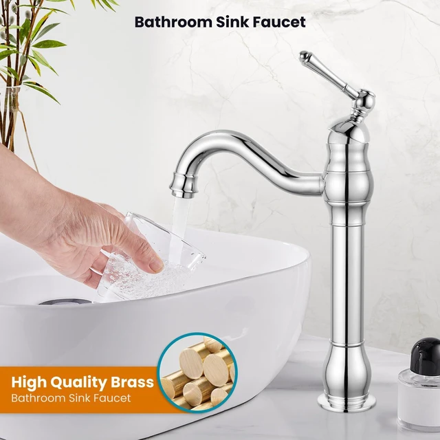 Alt view image 2 of 7 - Vintage Bathroom Vessel Sink Faucet, Polish Chrome, No Drain Tall Bathroom Faucet 1 Hole Single Handle, 360° Swivel Spout, cUPC Water Lines, Lead-Free, for Farmhouse Vanity Washbasin RV