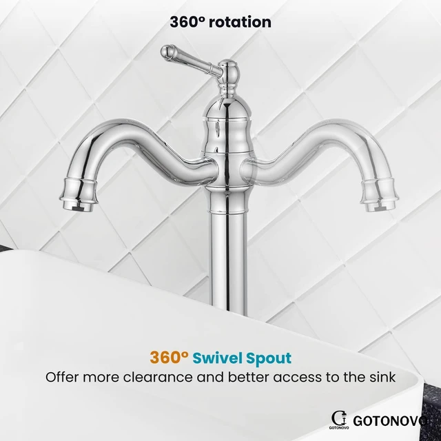 Alt view image 5 of 7 - Vintage Bathroom Vessel Sink Faucet, Polish Chrome, No Drain Tall Bathroom Faucet 1 Hole Single Handle, 360° Swivel Spout, cUPC Water Lines, Lead-Free, for Farmhouse Vanity Washbasin RV