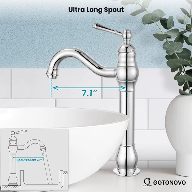 Alt view image 4 of 7 - Vintage Bathroom Vessel Sink Faucet, Polish Chrome, No Drain Tall Bathroom Faucet 1 Hole Single Handle, 360° Swivel Spout, cUPC Water Lines, Lead-Free, for Farmhouse Vanity Washbasin RV