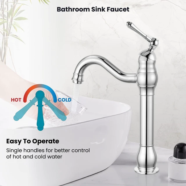 Alt view image 6 of 7 - Vintage Bathroom Vessel Sink Faucet, Polish Chrome, No Drain Tall Bathroom Faucet 1 Hole Single Handle, 360° Swivel Spout, cUPC Water Lines, Lead-Free, for Farmhouse Vanity Washbasin RV