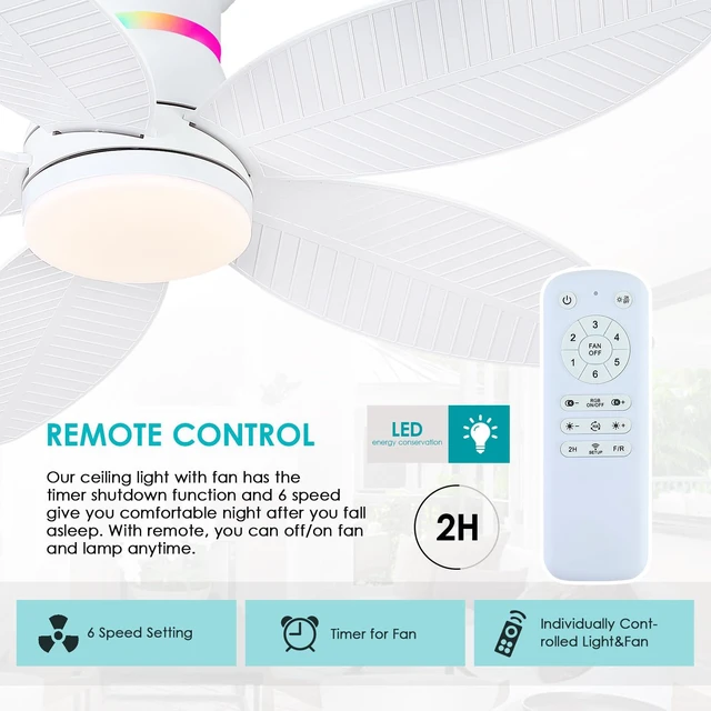 Alt view image 4 of 7 - 46" White Ceiling Fans with RGB Lights - Flush Mount Ceiling Fan Light with LED 3CCT Dimmable, Tropical Palm Leaf Ceiling Fans for Indoor Party,Covered Outdoor