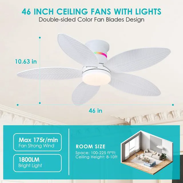 Alt view image 6 of 7 - 46" White Ceiling Fans with RGB Lights - Flush Mount Ceiling Fan Light with LED 3CCT Dimmable, Tropical Palm Leaf Ceiling Fans for Indoor Party,Covered Outdoor
