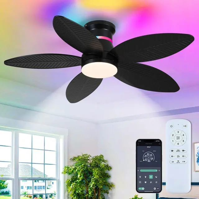 Main image of 46" Black Ceiling Fans with RGB Lights - Flush Mount Ceiling Fan Light with LED 3CCT Dimmable, Tropical Palm Leaf Ceiling Fans for Indoor Party,Covered Outdoor