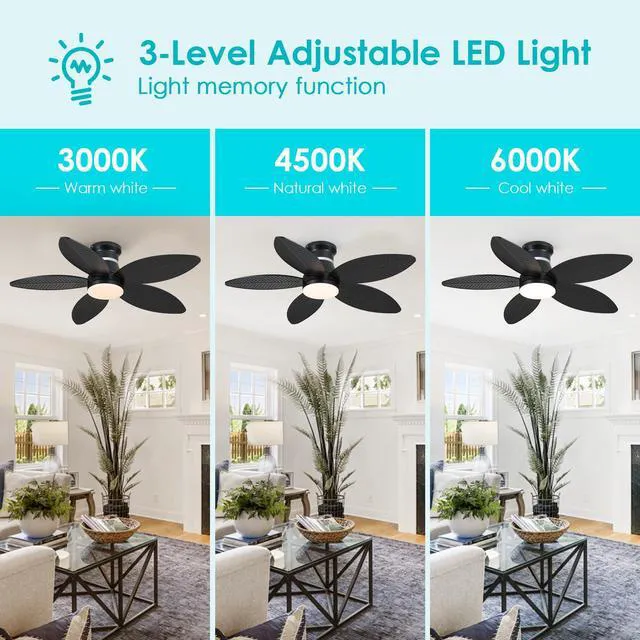 Alt view image 2 of 7 - 46" Black Ceiling Fans with RGB Lights - Flush Mount Ceiling Fan Light with LED 3CCT Dimmable, Tropical Palm Leaf Ceiling Fans for Indoor Party,Covered Outdoor