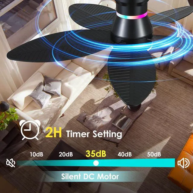 Alt view image 3 of 7 - 46" Black Ceiling Fans with RGB Lights - Flush Mount Ceiling Fan Light with LED 3CCT Dimmable, Tropical Palm Leaf Ceiling Fans for Indoor Party,Covered Outdoor