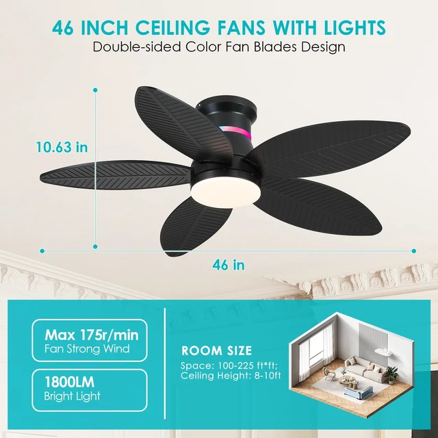 Alt view image 6 of 7 - 46" Black Ceiling Fans with RGB Lights - Flush Mount Ceiling Fan Light with LED 3CCT Dimmable, Tropical Palm Leaf Ceiling Fans for Indoor Party,Covered Outdoor