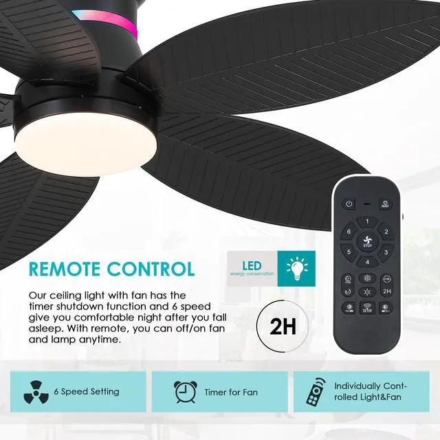 Alt view image 7 of 7 - 46" Black Ceiling Fans with RGB Lights - Flush Mount Ceiling Fan Light with LED 3CCT Dimmable, Tropical Palm Leaf Ceiling Fans for Indoor Party,Covered Outdoor