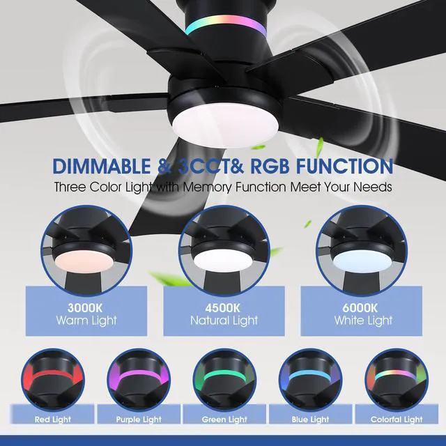 Alt view image 2 of 7 - 52" Black Ceiling Fans with RGB Lights - Flush Mount Ceiling Fan Light with LED 3CCT Dimmable, Modern Low Profile Ceiling Fans for Indoor Party,Covered Outdoor
