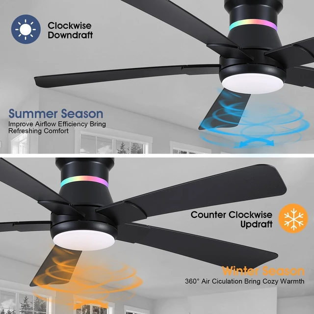 Alt view image 3 of 7 - 52" Black Ceiling Fans with RGB Lights - Flush Mount Ceiling Fan Light with LED 3CCT Dimmable, Modern Low Profile Ceiling Fans for Indoor Party,Covered Outdoor