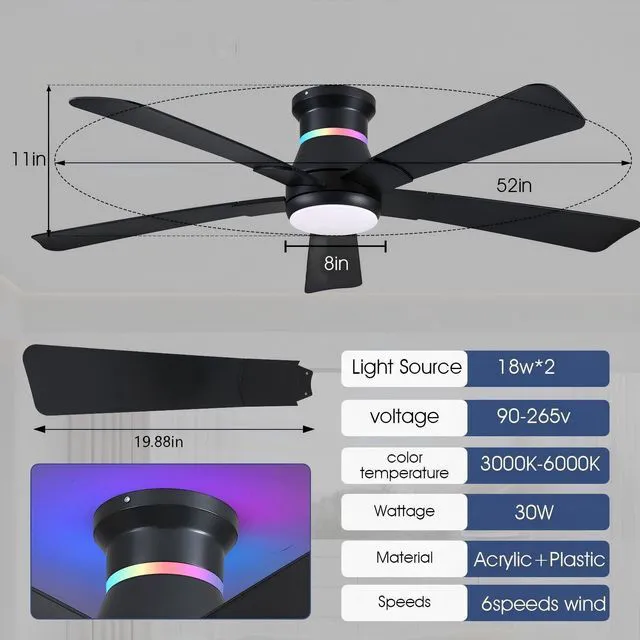 Alt view image 4 of 7 - 52" Black Ceiling Fans with RGB Lights - Flush Mount Ceiling Fan Light with LED 3CCT Dimmable, Modern Low Profile Ceiling Fans for Indoor Party,Covered Outdoor