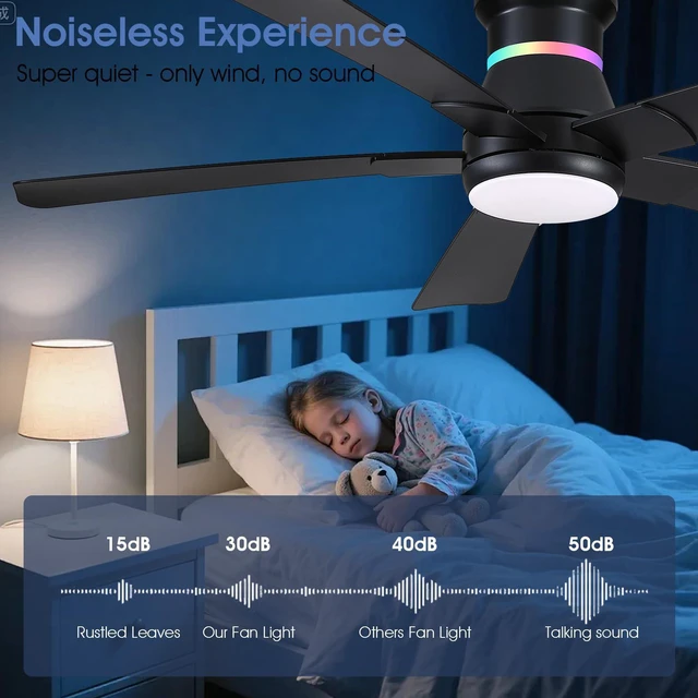 Alt view image 5 of 7 - 52" Black Ceiling Fans with RGB Lights - Flush Mount Ceiling Fan Light with LED 3CCT Dimmable, Modern Low Profile Ceiling Fans for Indoor Party,Covered Outdoor