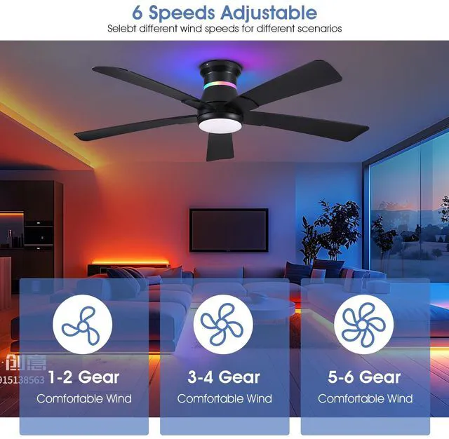 Alt view image 6 of 7 - 52" Black Ceiling Fans with RGB Lights - Flush Mount Ceiling Fan Light with LED 3CCT Dimmable, Modern Low Profile Ceiling Fans for Indoor Party,Covered Outdoor