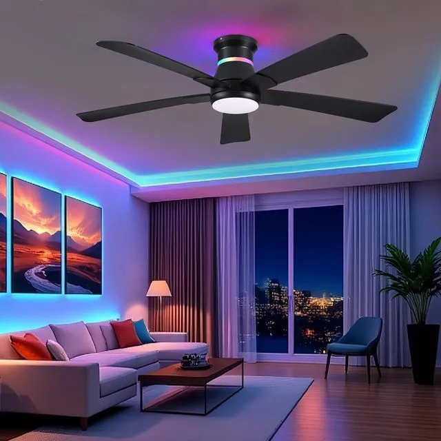 Alt view image 7 of 7 - 52" Black Ceiling Fans with RGB Lights - Flush Mount Ceiling Fan Light with LED 3CCT Dimmable, Modern Low Profile Ceiling Fans for Indoor Party,Covered Outdoor