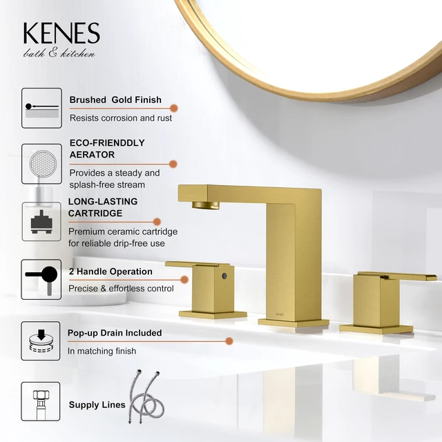 Alt view image 3 of 7 - Brushed Gold Widespread Bathroom Faucet 3 Hole Vanity Faucet 2 Handle Bathroom Sink Faucet with Pop Up Drain & Supply Lines, Lead-Free cUPC & NSF Certified, 8 Inch Faucet for Vanity Restroom Sink