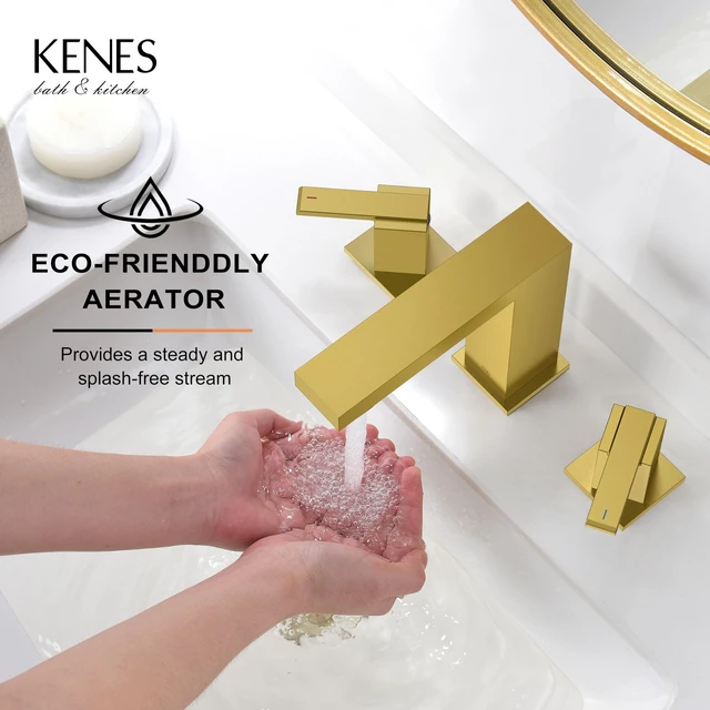 Alt view image 4 of 7 - Brushed Gold Widespread Bathroom Faucet 3 Hole Vanity Faucet 2 Handle Bathroom Sink Faucet with Pop Up Drain & Supply Lines, Lead-Free cUPC & NSF Certified, 8 Inch Faucet for Vanity Restroom Sink