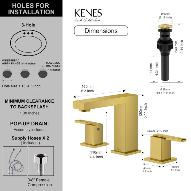 Alt view image 6 of 7 - Brushed Gold Widespread Bathroom Faucet 3 Hole Vanity Faucet 2 Handle Bathroom Sink Faucet with Pop Up Drain & Supply Lines, Lead-Free cUPC & NSF Certified, 8 Inch Faucet for Vanity Restroom Sink