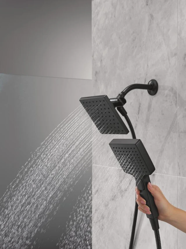 Alt view image 2 of 7 - Square 2-in-1 Dual Shower Head with 4-Setting HandHeld Spray, Matte Black Detachable Double Shower Head with Hose, Showerhead, 1.75 GPM Flow Rate, Matte Black 75755BL