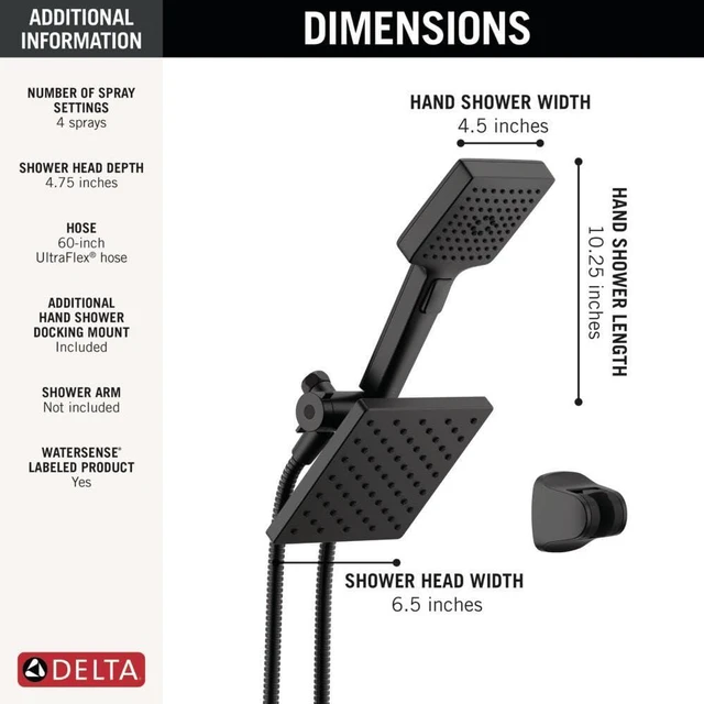 Alt view image 3 of 7 - Square 2-in-1 Dual Shower Head with 4-Setting HandHeld Spray, Matte Black Detachable Double Shower Head with Hose, Showerhead, 1.75 GPM Flow Rate, Matte Black 75755BL