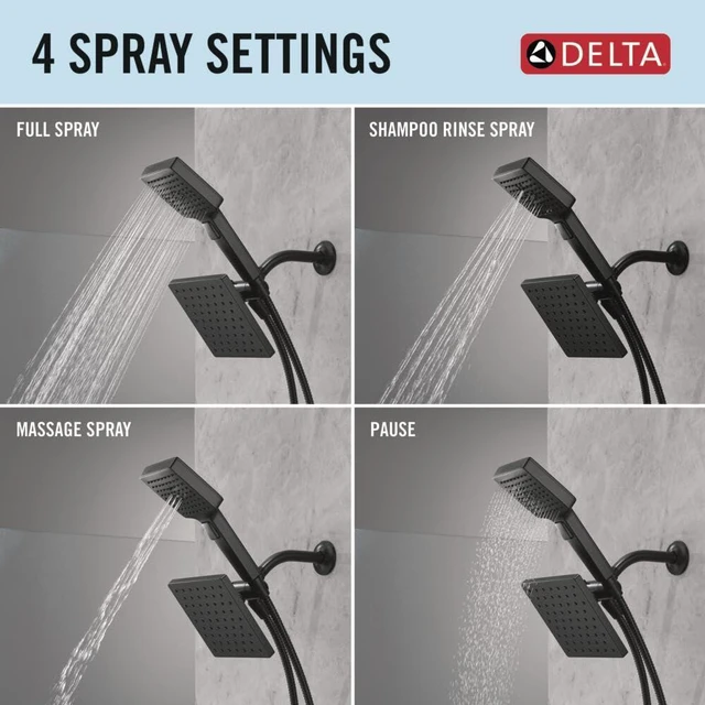 Alt view image 4 of 7 - Square 2-in-1 Dual Shower Head with 4-Setting HandHeld Spray, Matte Black Detachable Double Shower Head with Hose, Showerhead, 1.75 GPM Flow Rate, Matte Black 75755BL