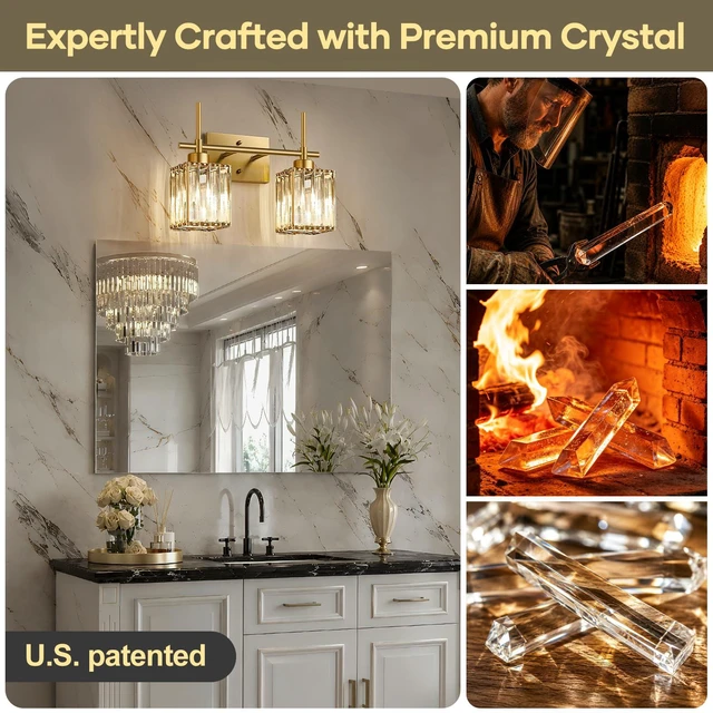Alt view image 3 of 7 - Modern Crystal Bathroom Vanity Light 2-Lights Brushed Gold Bathroom Light Fixtures Over Mirror Brushed Gold Vanity Lighting Fixtures Square Shade Wall Sconce (Bulbs Not Include)