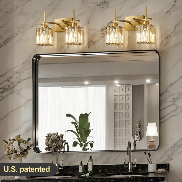 Alt view image 5 of 7 - Modern Crystal Bathroom Vanity Light 2-Lights Brushed Gold Bathroom Light Fixtures Over Mirror Brushed Gold Vanity Lighting Fixtures Square Shade Wall Sconce (Bulbs Not Include)