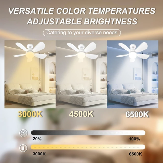 Alt view image 2 of 7 - 2Pack Socket Fan Light With Remote, Screw in Ceiling Fans with Dimmable Light, 3 Colors 3000K-6500K,Smart Ceiling Fan Light Kit Bulb for Bedroom Living Room Kitchen Garage Dinning Room