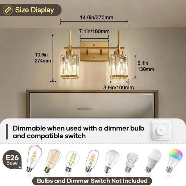 Alt view image 7 of 7 - Modern Crystal Bathroom Vanity Light 2-Lights Brushed Gold Bathroom Light Fixtures Over Mirror Brushed Gold Vanity Lighting Fixtures Square Shade Wall Sconce (Bulbs Not Include)