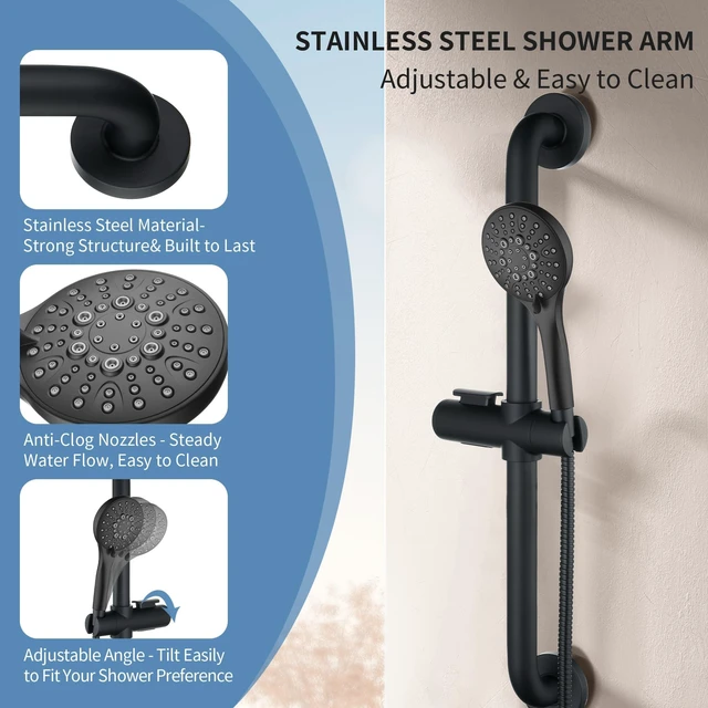 Alt view image 2 of 7 - Stainless Steel Slide Bar Grab Rail Set Ada Compliant, 5-Spray Handshower with Slide Bar Kit Includes Handheld Shower Head and 69-Inch Hose, Matte Black