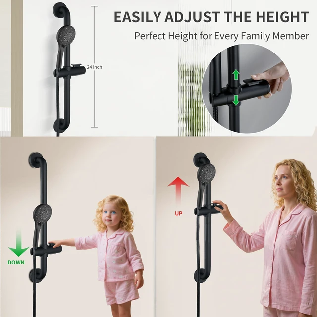 Alt view image 3 of 7 - Stainless Steel Slide Bar Grab Rail Set Ada Compliant, 5-Spray Handshower with Slide Bar Kit Includes Handheld Shower Head and 69-Inch Hose, Matte Black
