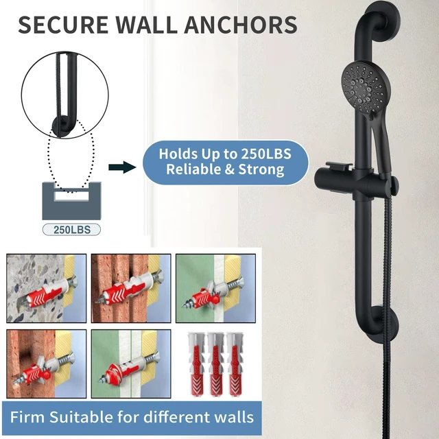 Alt view image 5 of 7 - Stainless Steel Slide Bar Grab Rail Set Ada Compliant, 5-Spray Handshower with Slide Bar Kit Includes Handheld Shower Head and 69-Inch Hose, Matte Black