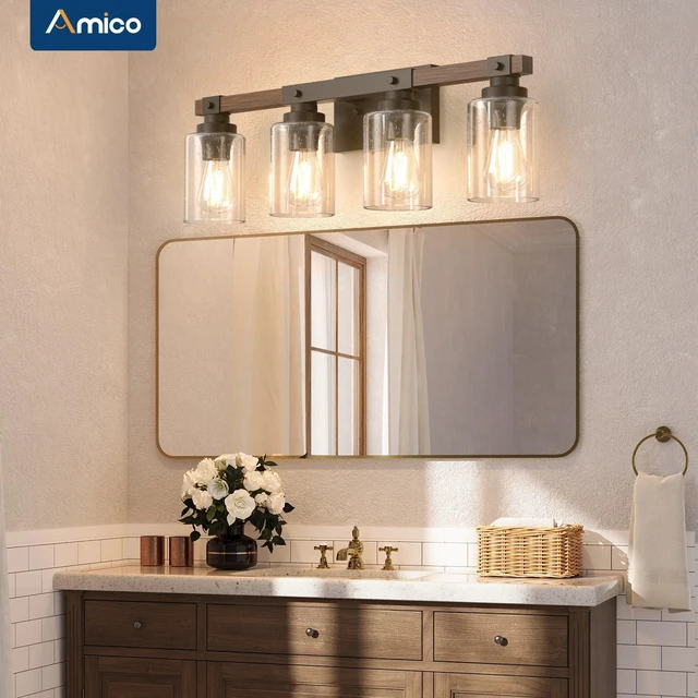 Alt view image 2 of 7 - 4-Light Farmhouse Bathroom Vanity Light, Seeded Glass, Black & Wood Bubble Glass Shade Wall Sconce, Over Mirror Lighting for Bathroom, Bedroom, Living Room, Hallway, Powder Room, Entryway