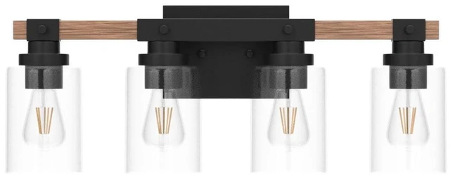 Alt view image 4 of 7 - 4-Light Farmhouse Bathroom Vanity Light, Seeded Glass, Black & Wood Bubble Glass Shade Wall Sconce, Over Mirror Lighting for Bathroom, Bedroom, Living Room, Hallway, Powder Room, Entryway