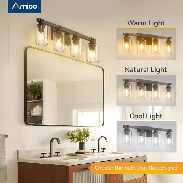 Alt view image 5 of 7 - 4-Light Farmhouse Bathroom Vanity Light, Seeded Glass, Black & Wood Bubble Glass Shade Wall Sconce, Over Mirror Lighting for Bathroom, Bedroom, Living Room, Hallway, Powder Room, Entryway