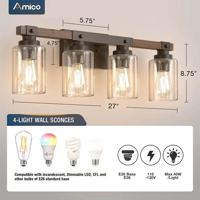 Alt view image 6 of 7 - 4-Light Farmhouse Bathroom Vanity Light, Seeded Glass, Black & Wood Bubble Glass Shade Wall Sconce, Over Mirror Lighting for Bathroom, Bedroom, Living Room, Hallway, Powder Room, Entryway