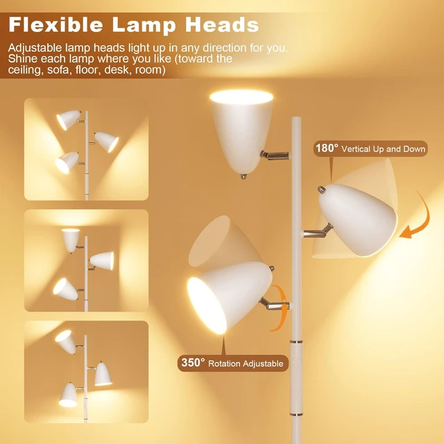 Alt view image 3 of 7 - 36W LED Floor Lamp for Living Room, Modern White 3-Light Tree Standing Lamp Remote and Touch Control, 3 Rotatable Lights Heads, Stepless Dimmable, 4 Color Temperature, Stand up Lamps for Bedroom Home