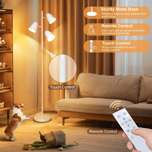 Alt view image 4 of 7 - 36W LED Floor Lamp for Living Room, Modern White 3-Light Tree Standing Lamp Remote and Touch Control, 3 Rotatable Lights Heads, Stepless Dimmable, 4 Color Temperature, Stand up Lamps for Bedroom Home