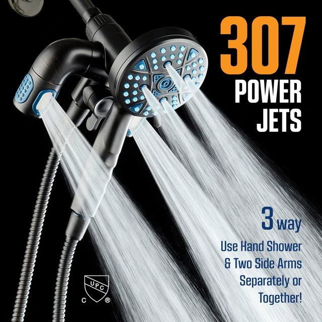 Alt view image 4 of 7 - Polaris 208-mode High Pressure Shower Head Combo with Hydro Arms Luxury 3-way 14-zone System with 370 Stay-clean Power Jets, Handheld Magnetic Docking & 6 ft. Stainless Steel Hose / Bronze