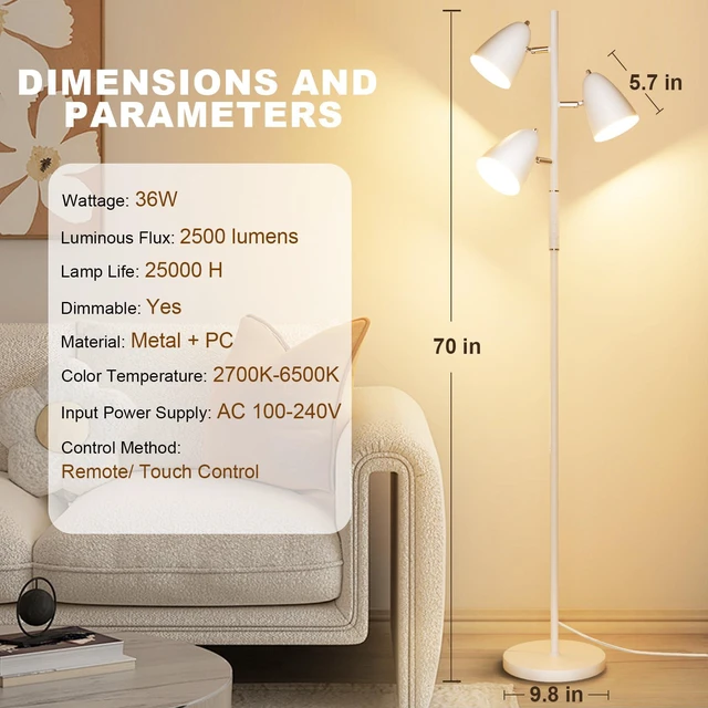 Alt view image 5 of 7 - 36W LED Floor Lamp for Living Room, Modern White 3-Light Tree Standing Lamp Remote and Touch Control, 3 Rotatable Lights Heads, Stepless Dimmable, 4 Color Temperature, Stand up Lamps for Bedroom Home