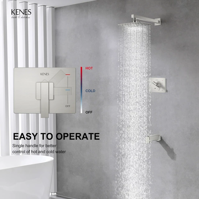 Alt view image 4 of 7 - Brushed Nickel Shower Set with Tub Faucet, Tub and Shower Trim Kit Shower Faucet with 10-Inch Rain Shower Head, Square Shower System, Valve Included, Lead-Free cUPC & NSF Certified, Stainless
