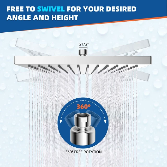 Alt view image 5 of 7 - cUPC Certified Metal High Pressure 12'' Rain Shower Head, Chrome Thickness Showerhead, Square Large Bathroom Rainfall Shower Head, Adjustable Brass Ball Joint, Waterfall Full Body Coverage